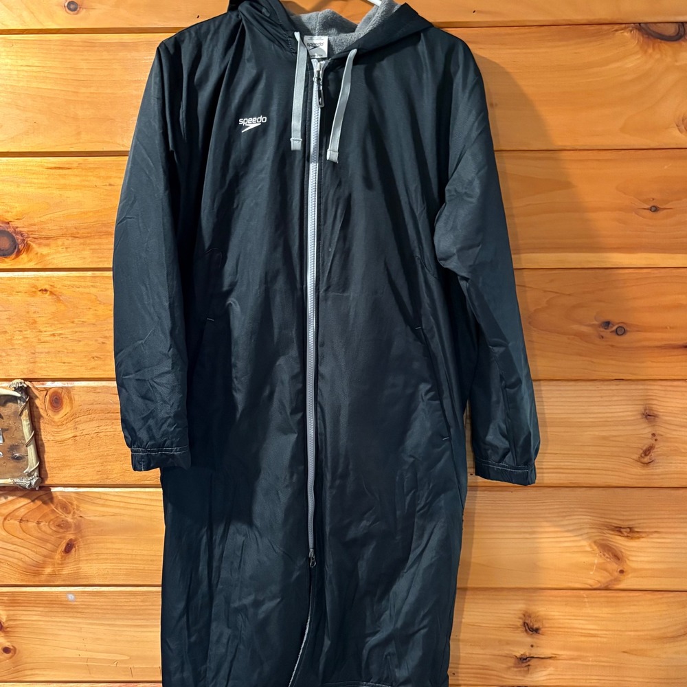 Speedo Black Fleece Lined Long Hooded Swim Parka Deck Coat XS Unisex Adult